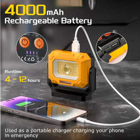 Close-up of 2 Pack Magnetic Work Light With 1500LM Output, Rechargeable 4000mAh Battery, USB charging phone feature visible.
