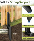 Heavy Duty Fence Post Repair Kit with Steel Ground Spike Anchors for 4x4 and 6x6 wood posts, shown installed, no dig support.