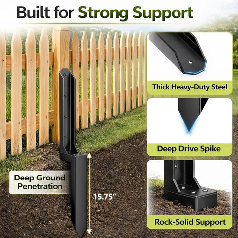 Heavy Duty Fence Post Repair Kit with Steel Ground Spike Anchors for 4x4 and 6x6 wood posts, shown installed, no dig support.