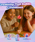 Children enjoying Origami Paper Craft Kit For Kids Ages 6 To 12 With 100 Colored Sheets, 20 Bendable Stems, 30 Buttons And Jewels.
