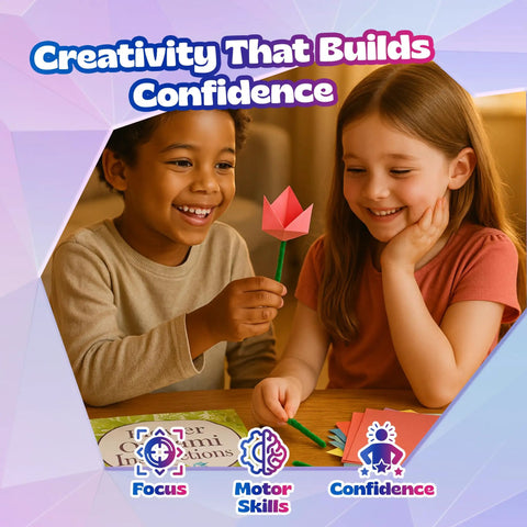 Children enjoying Origami Paper Craft Kit For Kids Ages 6 To 12 With 100 Colored Sheets, 20 Bendable Stems, 30 Buttons And Jewels.