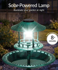 Solar Outdoor Bird Bath With Resin Pedestal Fountain In Green Yard Garden Decor illuminated at night with solar lantern