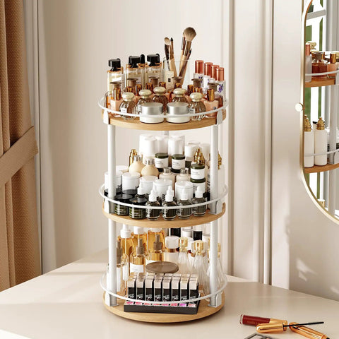 Three Tier Lazy Susan Rotating Spice Rack Featuring Smooth Ball Bearing Turntable System For Hassle Free Pantry Access White Natural Wood Countertop Organizer with beauty products.