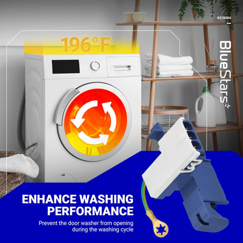 Ultra Durable Washer Door Lid Switch Replacement 8318084 next to a washing machine with performance enhancement graphic.