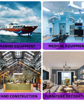 Collage of marine equipment, medical equipment, stand construction, and furniture decoration with labeled categories.