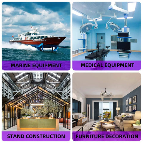 Collage of marine equipment, medical equipment, stand construction, and furniture decoration with labeled categories.