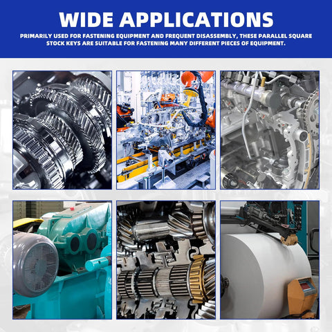 Wide applications of parallel square stock keys in various mechanical equipment and machinery in industrial settings.
