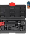 Front view of GEAROLL brake line flaring tool kit in a black case with red latch; SAE 3/16 and 1/4 in dies, gloves shown