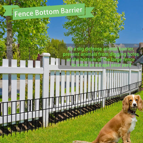 10 Pack No Dig Animal Barrier Fence For Gardens And Yards Rustproof Metal Bottom Blocker installed along white picket fence