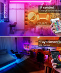 Colorful bedroom with 25ft Smart LED Strip Lights For Bedroom RGB Color Changing With Music Sync Alexa Compatible app remote control.