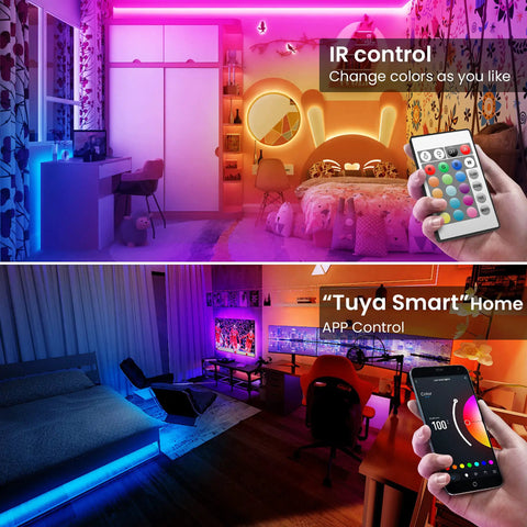 Colorful bedroom with 25ft Smart LED Strip Lights For Bedroom RGB Color Changing With Music Sync Alexa Compatible app remote control.