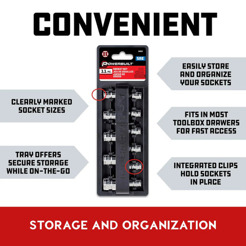 Heavy Duty 11 Piece 1/4 Inch Drive SAE Socket Set With Six Point Chrome Vanadium Heads and Z Drive Design, convenient storage tray.