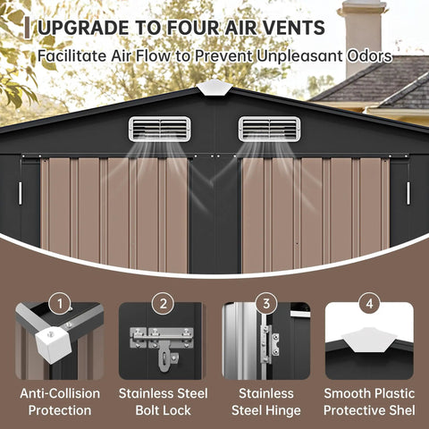 Rugged Metal Storage Shed With Sloping Roof For Backyard And Patio showing air vents and stainless steel features
