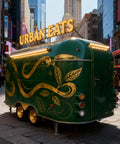 Straight Up Commercial Food Truck Trailer Featuring Custom Coffee Bar Station And Heavy Duty Snack Cart Prep Table To Crush Your Street Vendor Hustle Or Mobile Catering Business, green exterior with gold leaves design.