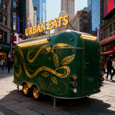 Straight Up Commercial Food Truck Trailer Featuring Custom Coffee Bar Station And Heavy Duty Snack Cart Prep Table To Crush Your Street Vendor Hustle Or Mobile Catering Business, green exterior with gold leaves design.