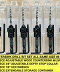 Image of Six Piece Pro Grade Countersink Drill Bit Set With Depth Stop Collar And Tapered Bits For Woodworking Includes Hex Wrench And Storage Case.