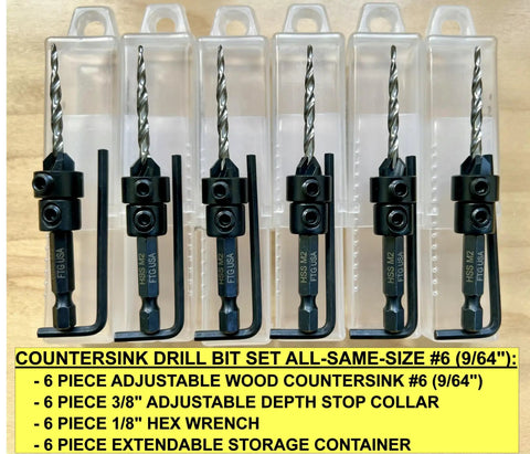 Image of Six Piece Pro Grade Countersink Drill Bit Set With Depth Stop Collar And Tapered Bits For Woodworking Includes Hex Wrench And Storage Case.