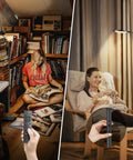 Two people relaxing; one reading and one knitting under Flexible Gooseneck LED Floor Lamp With Remote in living room.