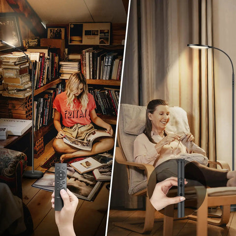 Two people relaxing; one reading and one knitting under Flexible Gooseneck LED Floor Lamp With Remote in living room.