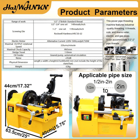 Heavy Duty Electric Pipe Threading Machine And Cutter 220V 750W Badass Pro Workhorse Handling One Half To Two Inch Steel Copper Pipes With Npt Bspt Dies For Plumbing Gas Jobs