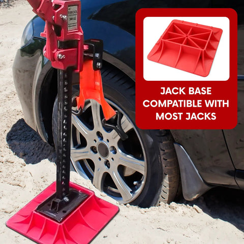Off Road Jack Base And Handle Keeper Set Two Piece Ground Stabilizer Kit in red and black on sand with car tires shown