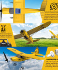 Noob Friendly RC Plane With XPILOT Stabilization System in yellow, showing features like prop saver and remote control.