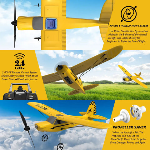Noob Friendly RC Plane With XPILOT Stabilization System in yellow, showing features like prop saver and remote control.