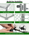Image of Heavy Duty Walk In Chicken Run Pen 10x20 Feet With Predator Proof Galvanized Hardware Cloth Cage showing construction details like spring plunger, gate latches, reinforced ground stakes, zip tie fastening, and bungee tensioning cords.