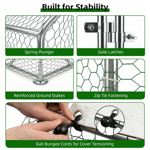 Image of Heavy Duty Walk In Chicken Run Pen 10x20 Feet With Predator Proof Galvanized Hardware Cloth Cage showing construction details like spring plunger, gate latches, reinforced ground stakes, zip tie fastening, and bungee tensioning cords.