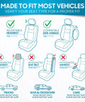 Diagram showing universal fit PolyPro car seat covers on different seat types with adjustable headrests and side airbags.