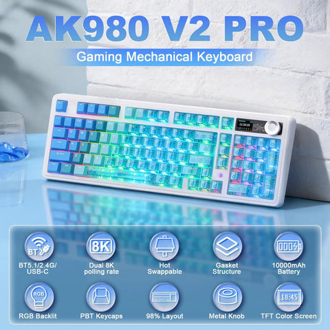 Dual 8K Wireless Mechanical Keyboard With Blue Lychee Switches, Sick Built In TFT Display, Dope Knurled Volume Dial, Win Mac Ready, Premium Fire Gear For Lightning Fast Gameplay in RGB backlit design.