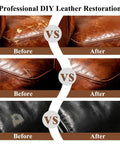 Heavy Duty Leather And Vinyl Repair Kit For Couches And Car Seats With Fast Acting Glue shows before and after leather restoration.