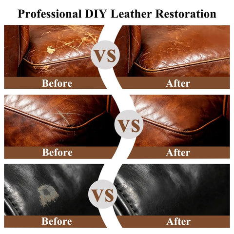 Heavy Duty Leather And Vinyl Repair Kit For Couches And Car Seats With Fast Acting Glue shows before and after leather restoration.