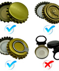 Manual Beer Bottle Capper Tool With 150 Count Caps 26mm Crown Cap Press showing different types of caps suitable for home brewing.