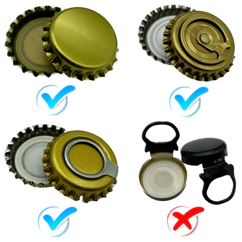 Three types of 26mm crown caps for Manual Beer Bottle Capper Tool With 150 Count, showing correct and incorrect options for homebrewing.