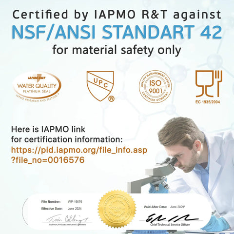 NSF/ANSI Standard 42 certification, IAPMO R&T seal, Water Quality, ISO 9001, document signed by technical officer.