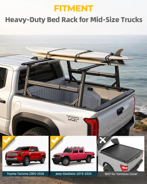 Beefy Yet Lightweight Aluminum Truck Bed Ladder Rack With Side Rails 1500 Lbs Capacity Stepless Height Adjust From 19 To 25 Inches Body Angle Matched Design Fits Toyota Tacoma Jeep Gladiator Mid Size Pickup on Toyota Tacoma