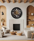27 Inch Industrial Wall Clock Featuring Real Moving Gears For Living Room Decor, mounted above a cozy seating area.
