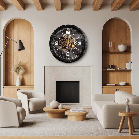 27 Inch Industrial Wall Clock Featuring Real Moving Gears For Living Room Decor, mounted above a cozy seating area.