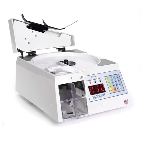 Rx-4 Automatic Pill Counting Machine Compact Digital Tabletop Pharmaceutical Counter with open lid and LED display.