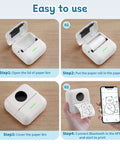 Compact Inkless Thermal Printer With Instant Bluetooth Sync And One Starter Roll Of Sticky Labels setup steps including paper roll placement.