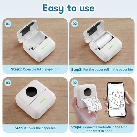 Compact Inkless Thermal Printer With Instant Bluetooth Sync And One Starter Roll Of Sticky Labels setup steps including paper roll placement.