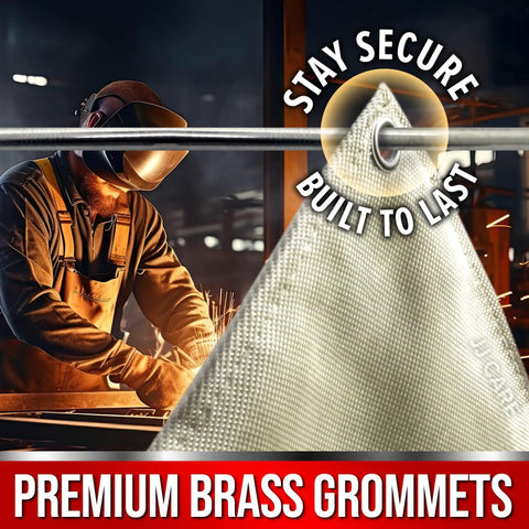 Heavy Duty Fireproof Welding Blanket 6ft by 8ft 850GSM Fiberglass Shield with brass grommet, worker welding in background