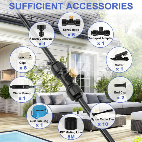 Portable Misting System With Rechargeable Pump For Outdoor Cooling Misting Line 26 Ft With 6 Brass Nozzles And 4 Gallon Water Bag USB Rechargeable 4500mAh featuring accessories