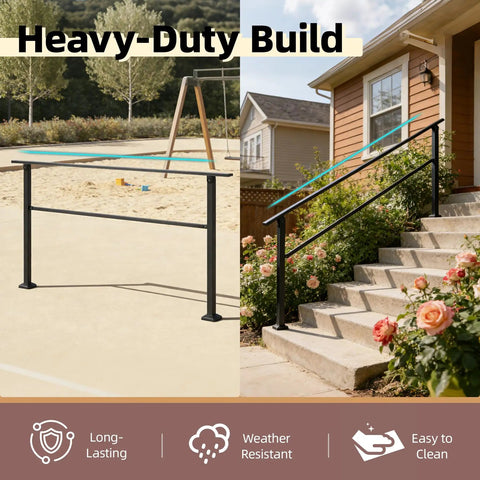 Heavy Duty Outdoor Handrails For 5 Step Exterior Stairs Solid Wrought Iron Railing shown in front of porch and playground.
