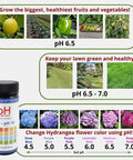 Image showing All Purpose pH Test Strips 0 to 14, 100 Count Litmus Paper affects on fruits, vegetables, lawns, and hydrangeas.
