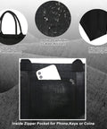 Six Pack Black Burlap Tote Bags With Big Handles And Inner Zipper Pocket Large Beach Style Jute Tote Bags Blank Gift Bags For Mother Teacher Bridesmaid shown with inner zipper pocket and material details