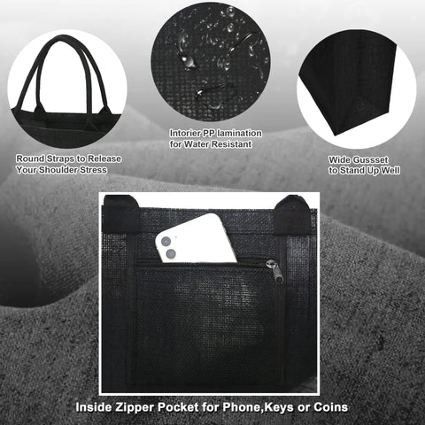 Six Pack Black Burlap Tote Bags With Big Handles And Inner Zipper Pocket Large Beach Style Jute Tote Bags Blank Gift Bags For Mother Teacher Bridesmaid shown with inner zipper pocket and material details
