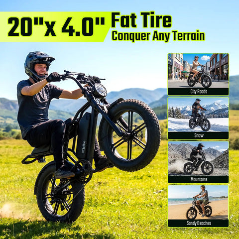 Rider on Beast Mode Fat Tire Electric Bike For Adults With 1500W Peak Motor, 20 By 4 Fat Tires, performing a wheelie on grass.