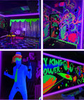 Neon painted room lit by 33 Foot Black Light LED Strip With Remote For Lit Glow Party Vibes And Bedroom Decor 600 LEDs
